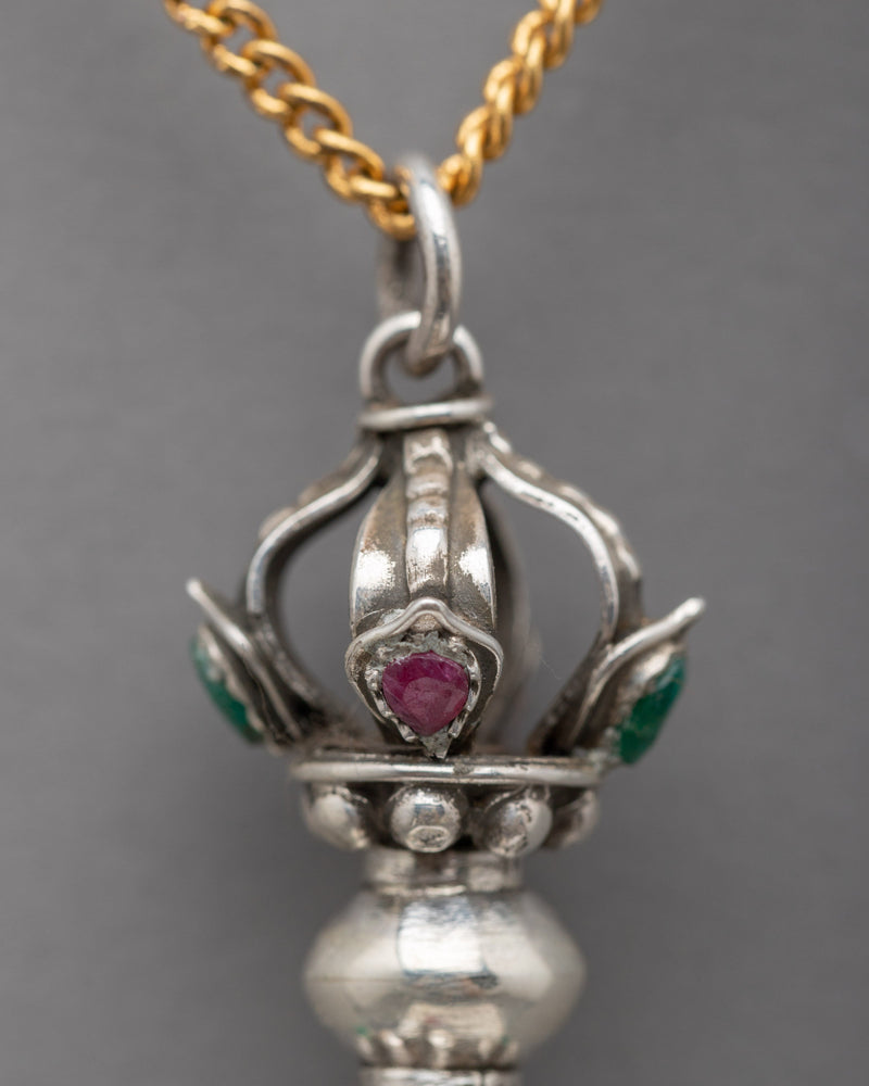 Tibetan Traditional Vajra Locket | Sterling Silver Vajra Dorje Pendant with Stone