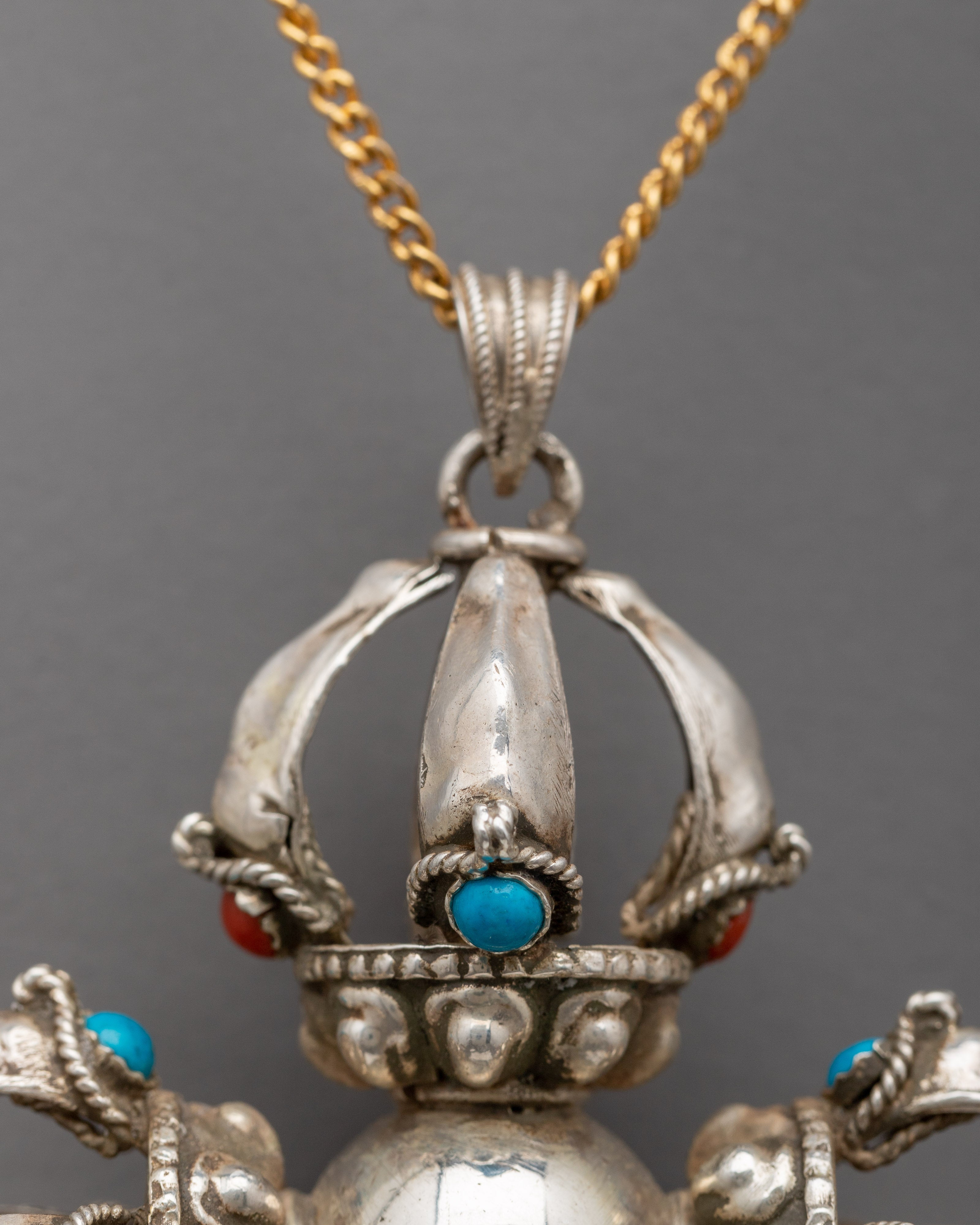 Silver Double Vajra Locket | Double Dorje Pendant With Stone Embroid