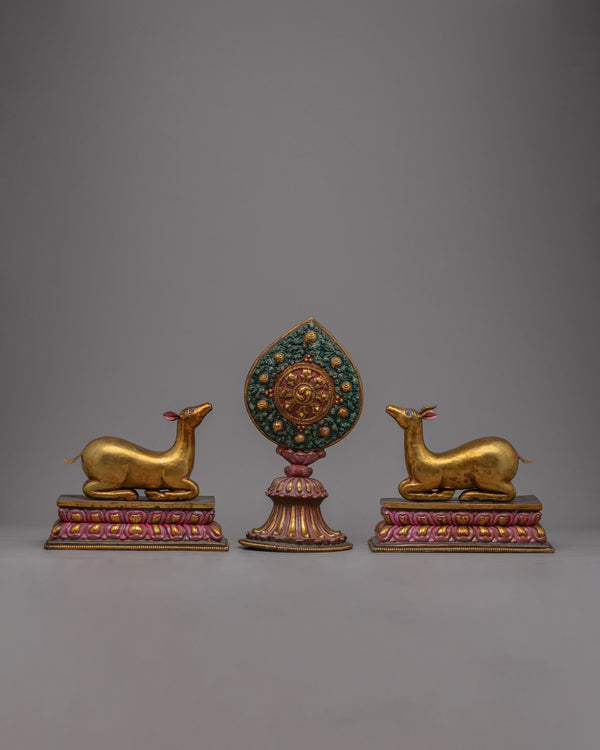 Buddhist Dharma Wheel and Deer set | Sacred Symbol of the Buddha's Teachings