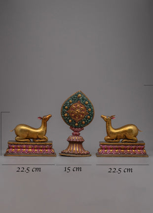 Buddhist Dharma Wheel and Deer set | Sacred Symbol of the Buddha's Teachings