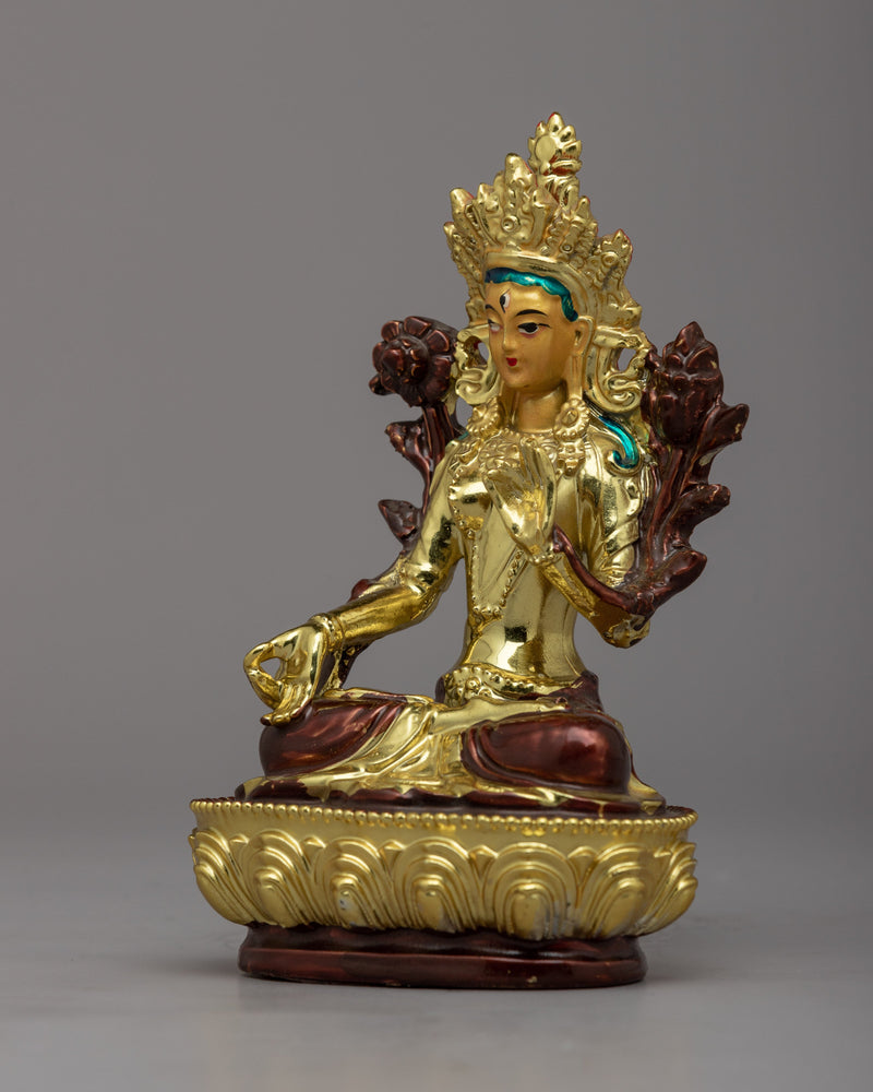 Handcrafted Green Tara Puja Statue | Buddhist Gold Plated Sculpture