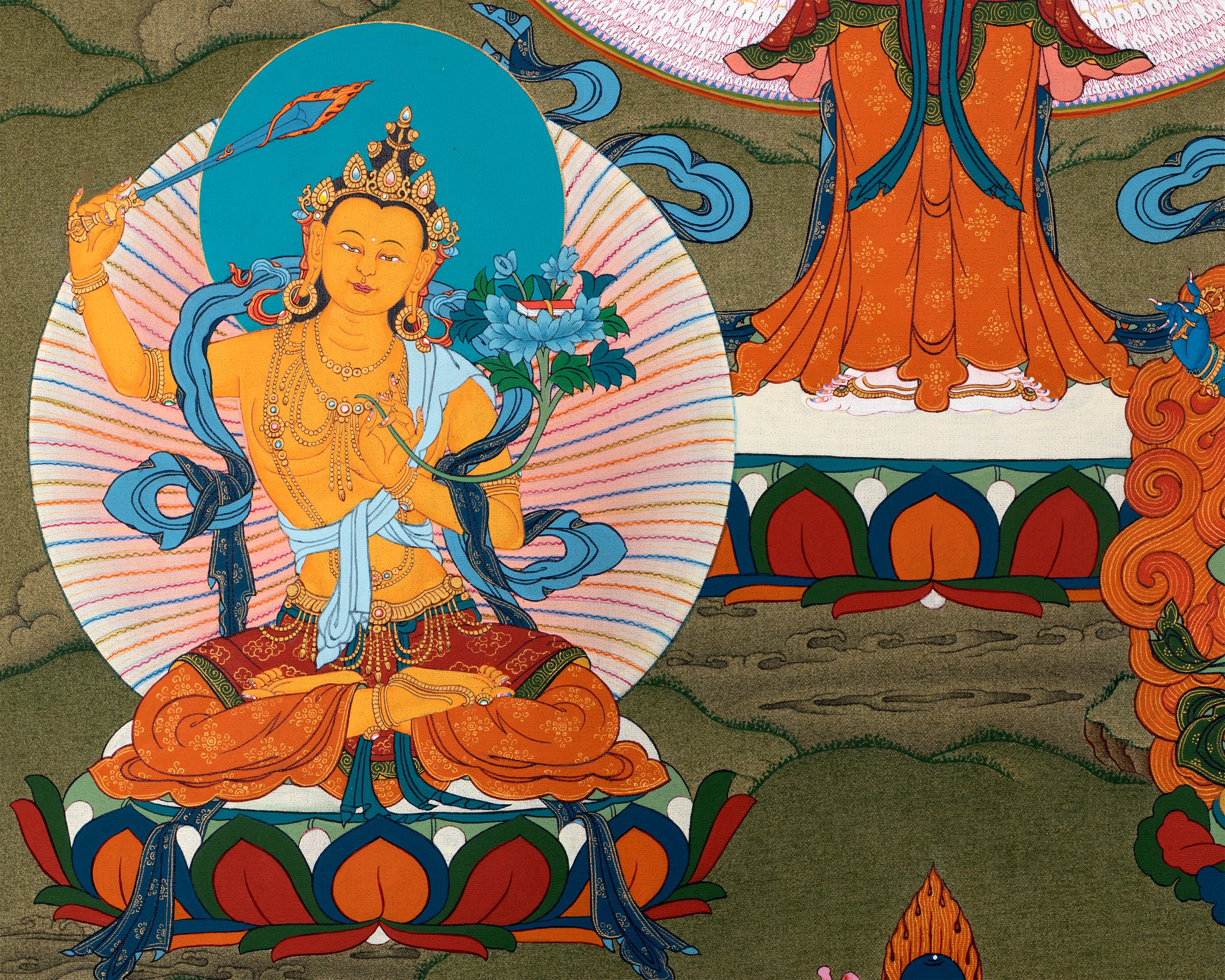 Avalokiteshvara, Manjushri & Vajrapani Thangka, 1000 Armed Chenrezig, Tibetan Buddhist Art