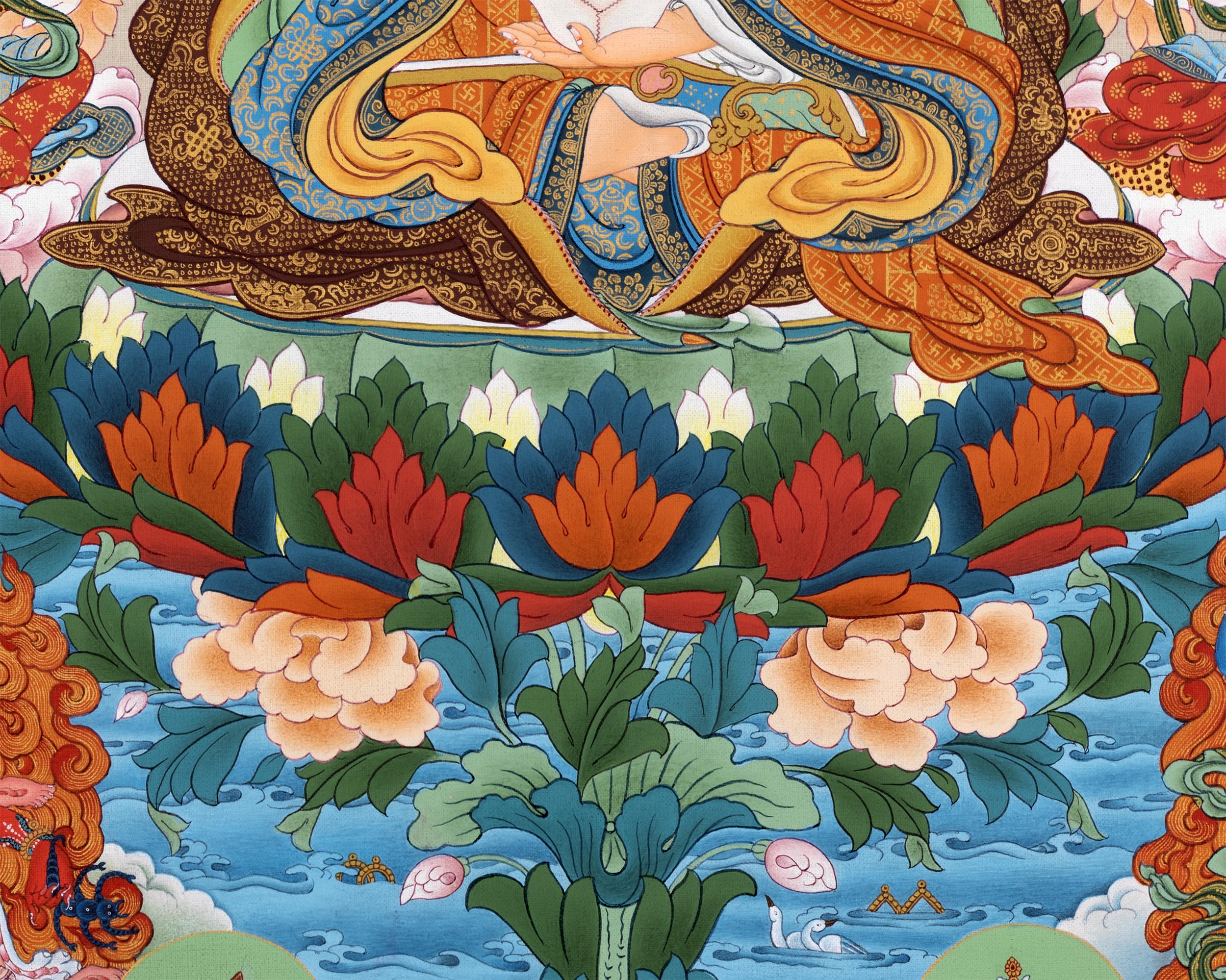 Guru Padmasambhava Thangka With Consorts, Buddhas And Bodhisattvas | Tibetan Art