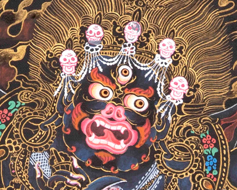 6 Armed Mahakala with Banarasi Silk Brocade  | Hand Painted Thangka Art