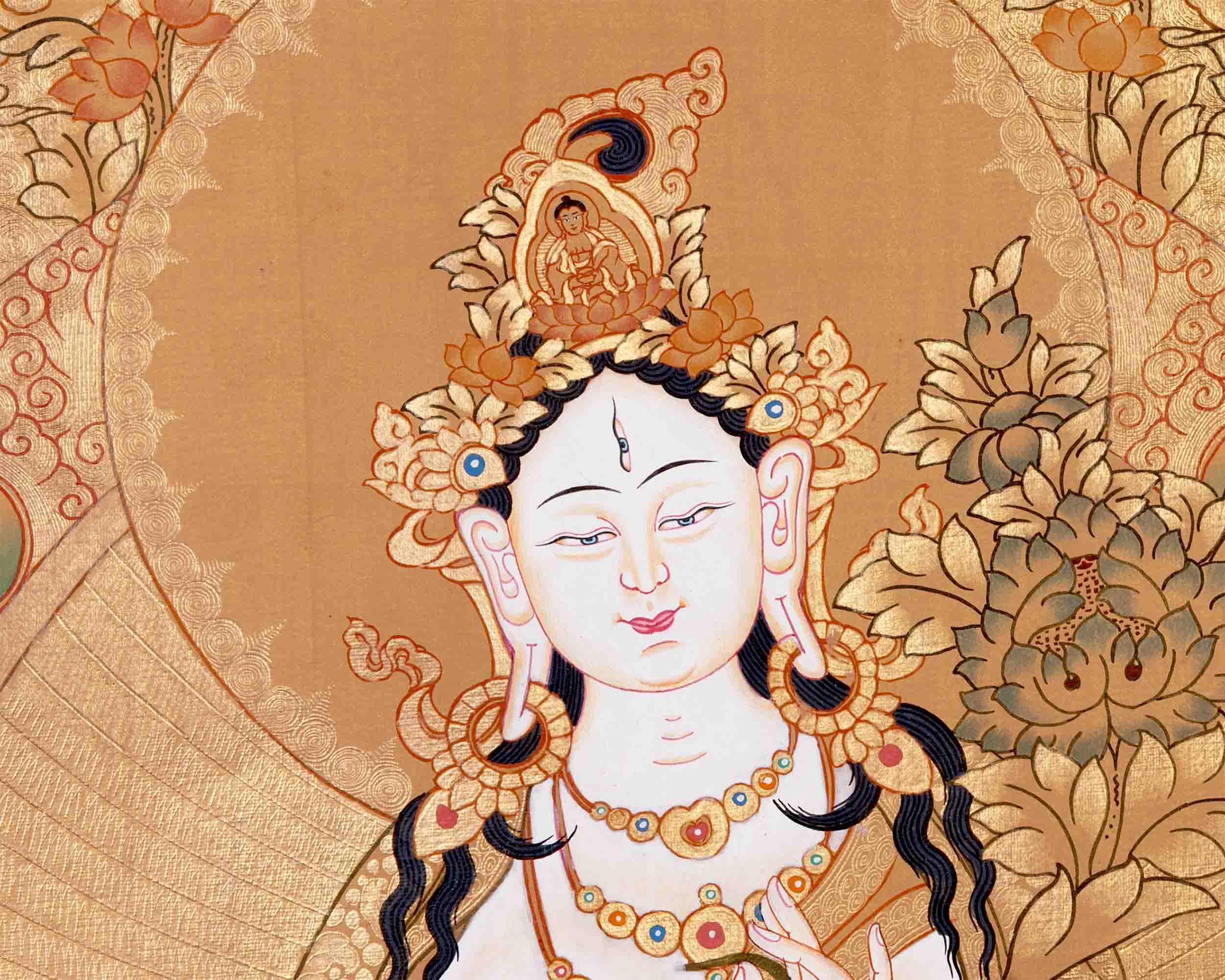 Tibetan White Tara Thangka | Wall Hanging Meditation and Yoga Art