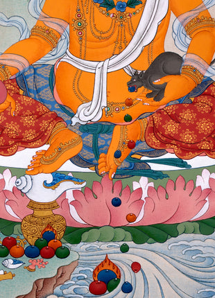 Yellow Jambhala Thangka | Dzambhala Painting | Hand-painted Buddhist Wealth Deity