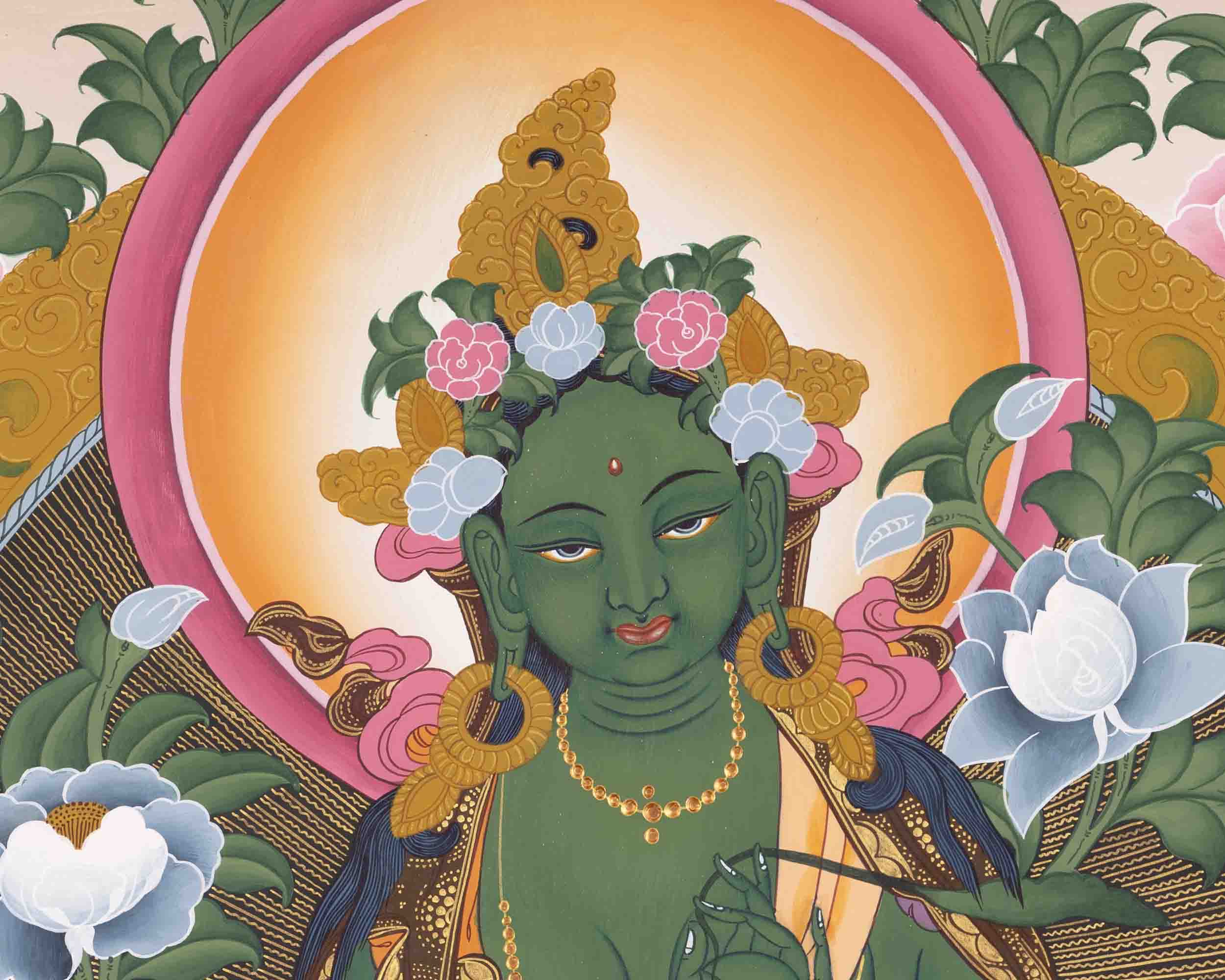 Green Tara Thangka | Religious Buddhist Painting | Wall Hanging Decors