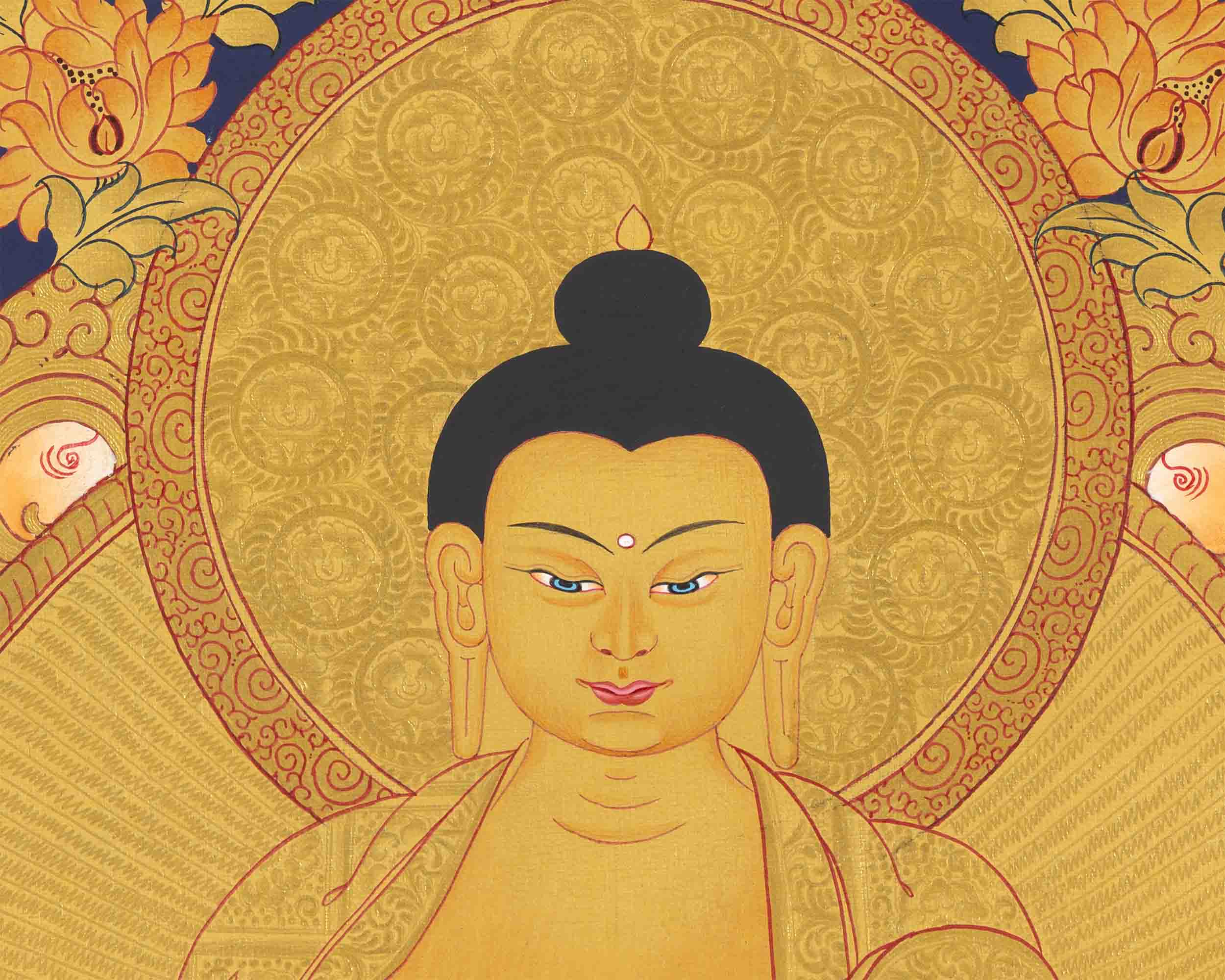 Shakyamuni Buddha Gold Thangka | Religious Tibetan Paint | Wall Decors