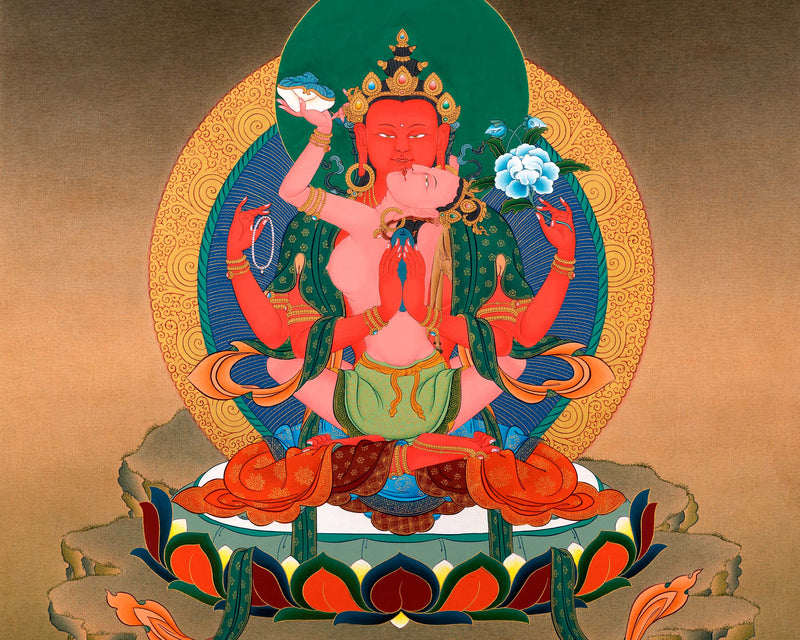 Red Chenrezig with Consort Thangka | Traditionally Hand Painted