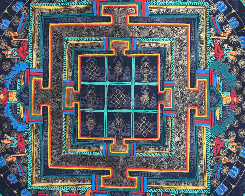 Vintage 8 Auspicious Mandala Thangka With Exquisite Brocade | Tibetan Wall Hanging
