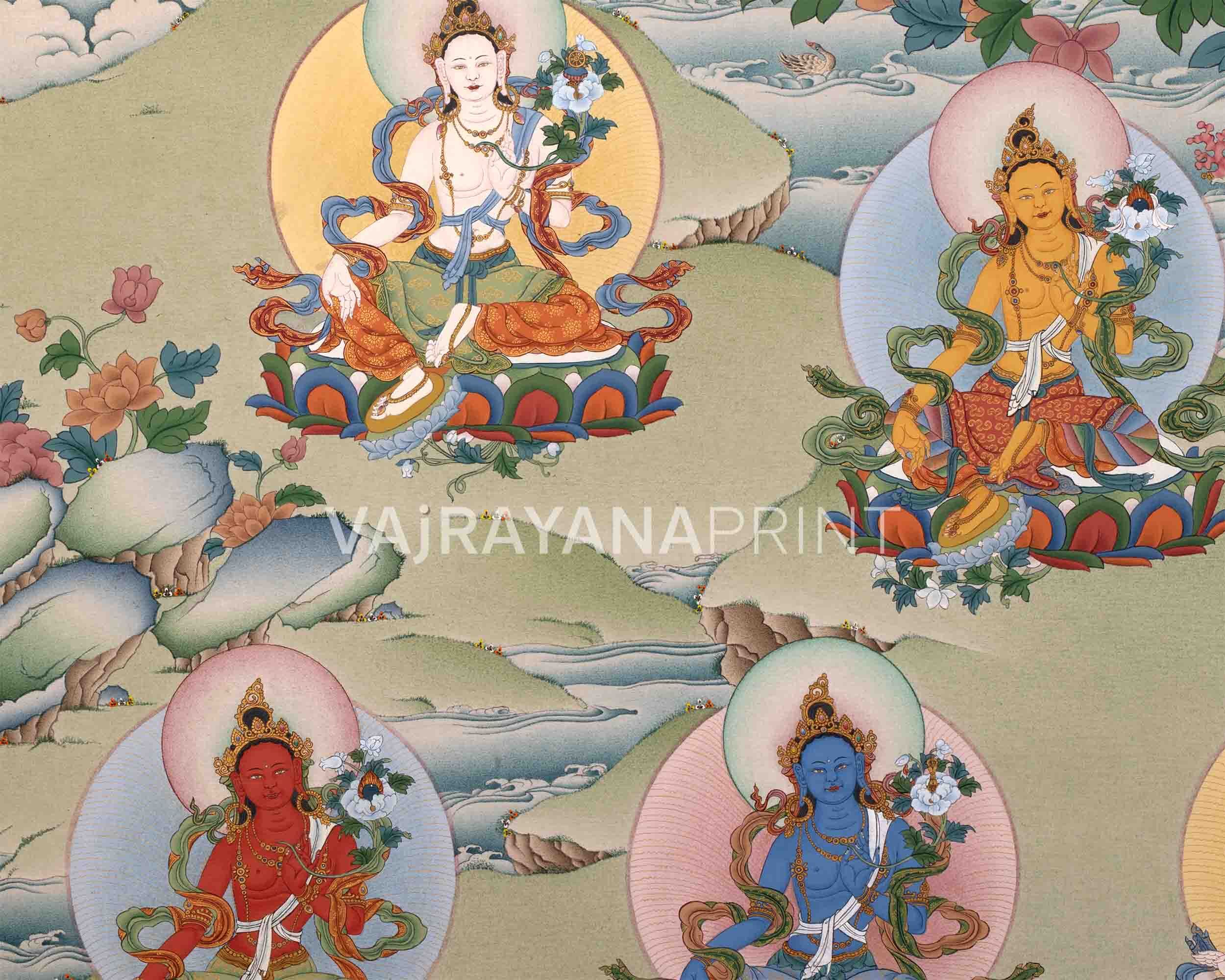 Traditionally Crafted Thangka Print For 21 Tara Praise | Tibetan Thangka Print For Mindfuless | Tibetan Buddhism Art