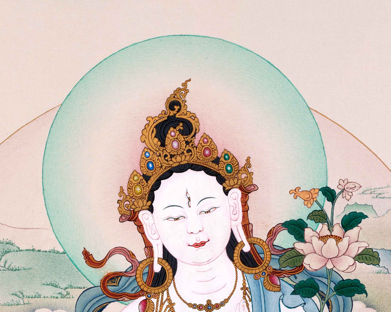 White Tara Goddess Thangka | Traditionally Hand Painted Buddhist Art