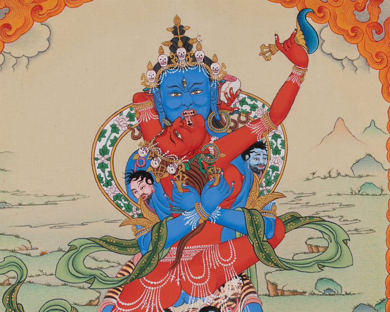 Chakrasamvara with Consort and Four Dakini Print | Tibetan Buddhist Thangka Art