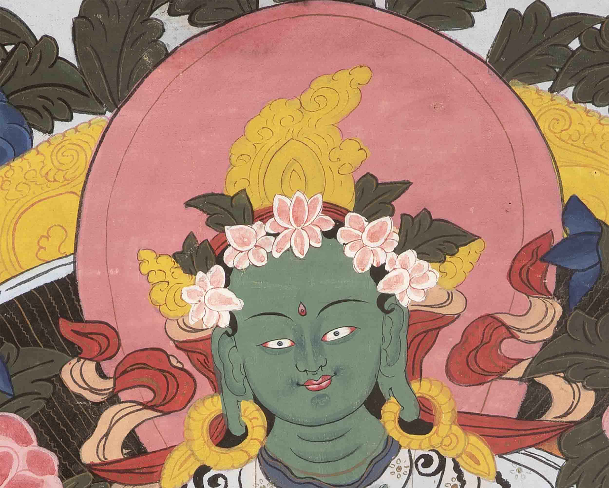 Rare Green Tara Thangka  | Vintage Tibetan Wall Decor
