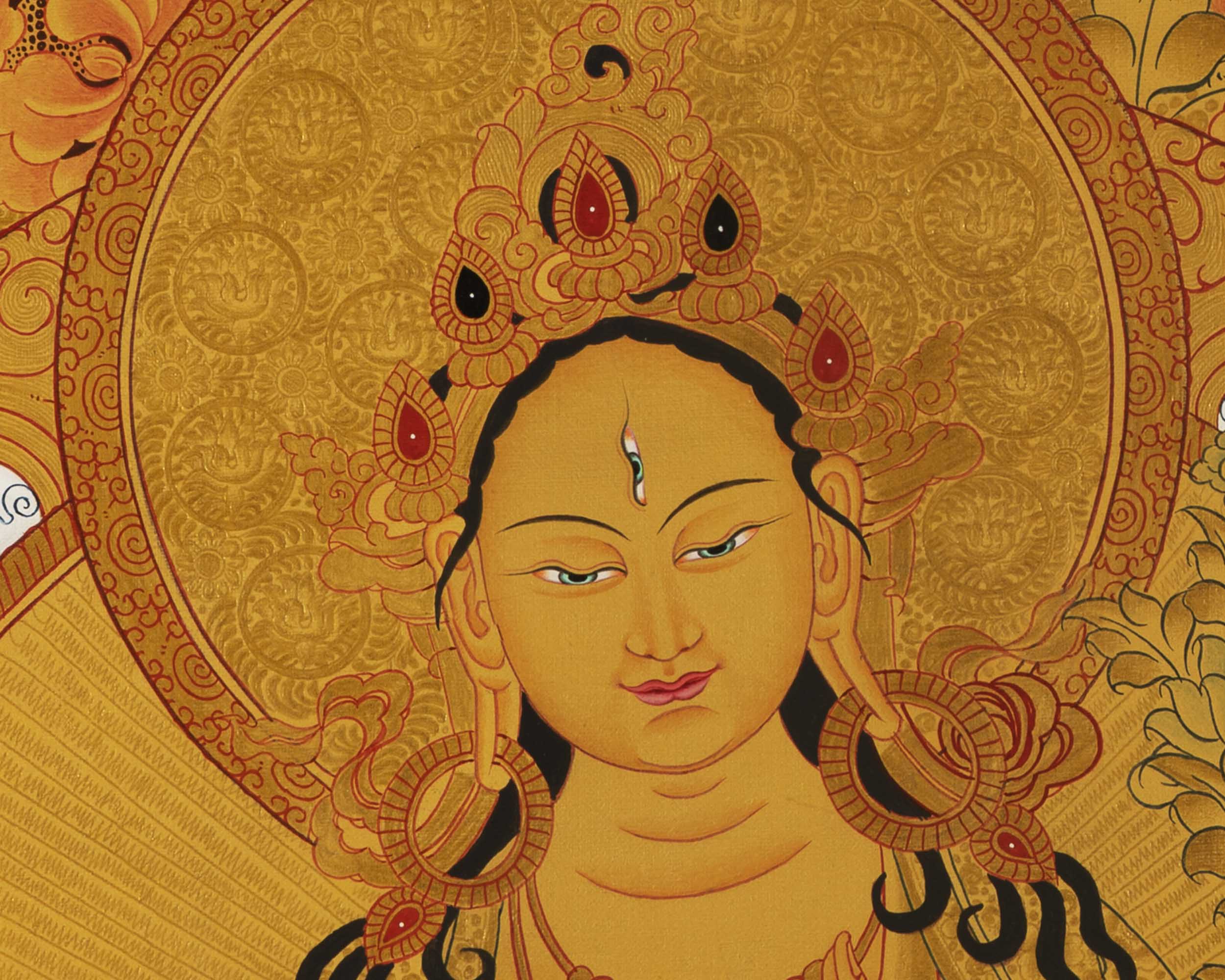 Medium Size White Tara | 24k Gold Painted Bodhisattva Painting