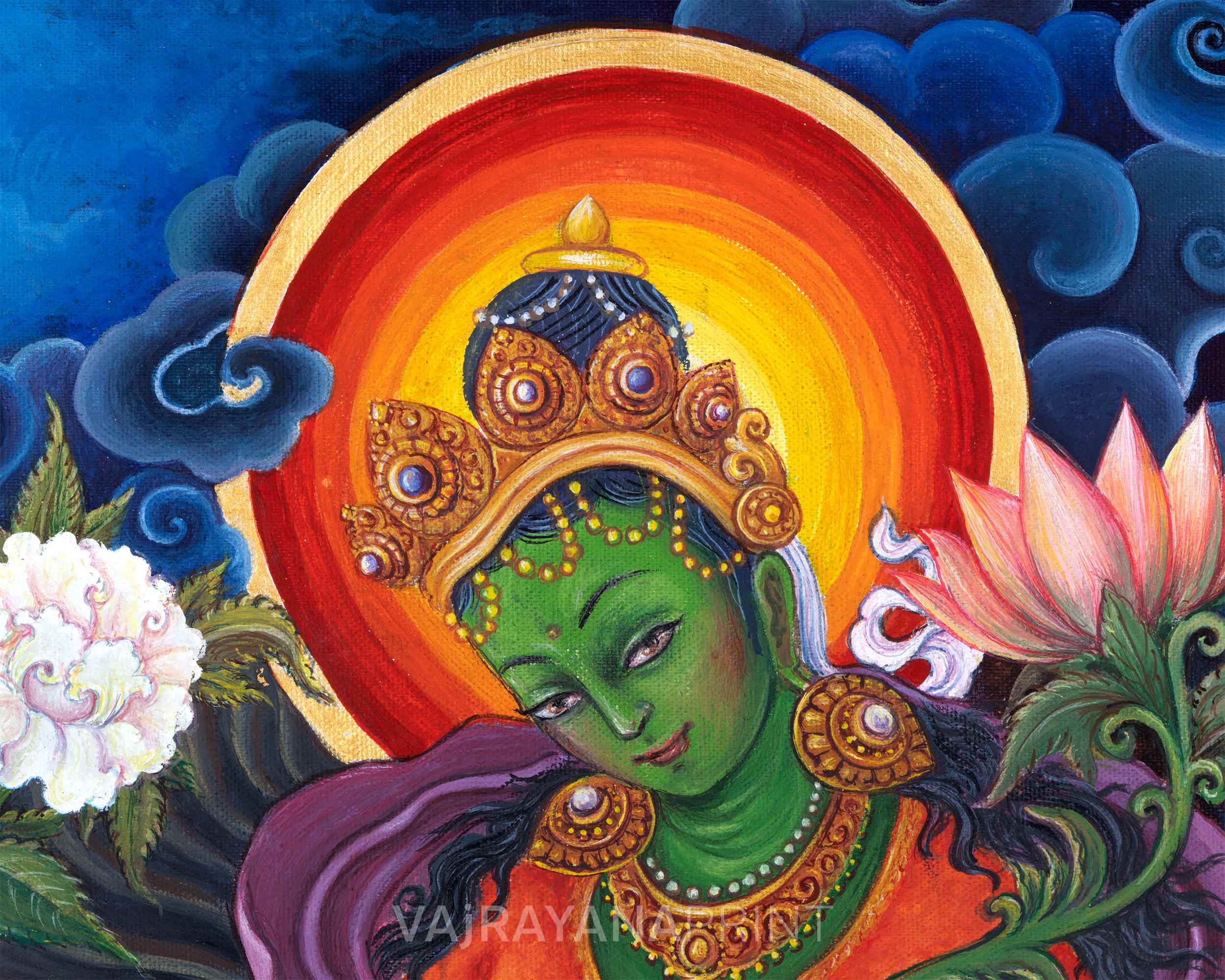 Green Tara The Female Buddha Digital Pauba Print | Mother Tara, The Deity Of Compassion Art For Room Decoration