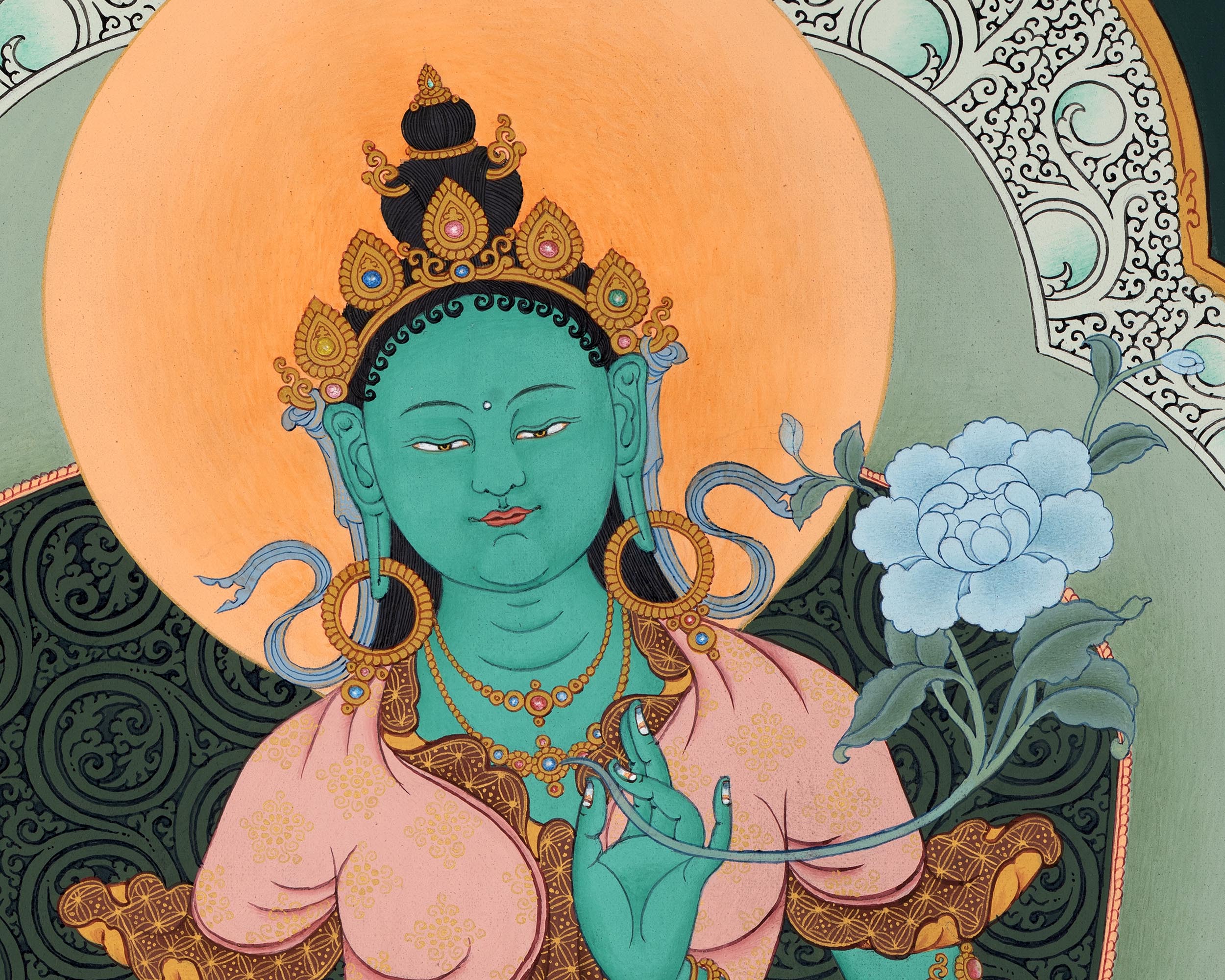 Green Tara Thangka Print | Digital Canvas Print | Buddhist Painting Print