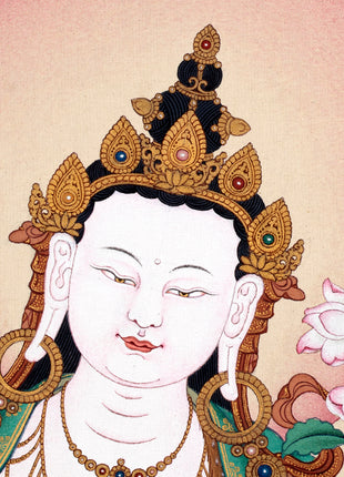 Chenrezig Thangka | 2 Armed Avalokiteshvara in Natural Stone Colors and 24K gold