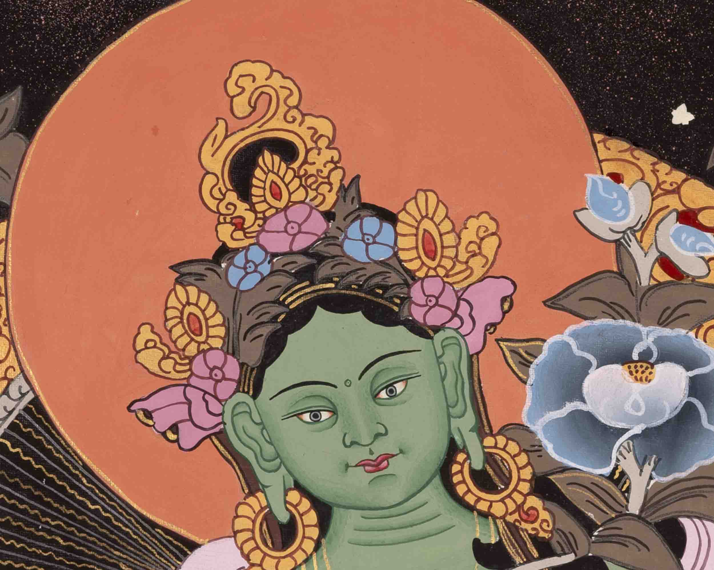 Mother Green Tara Thangka | Religious Buddhist Paint | Wall Decors