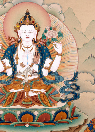 Avalokiteshvara, Vajrapani & Manjushri, Tibetan Thangka Painting, Vajrayana Buddhist Art