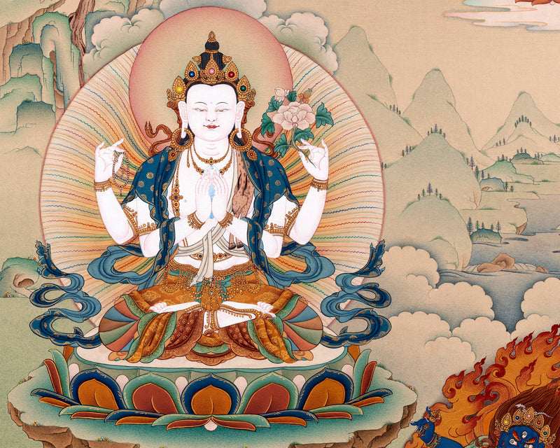 Avalokiteshvara, Vajrapani & Manjushri, Tibetan Thangka Painting, Vajrayana Buddhist Art