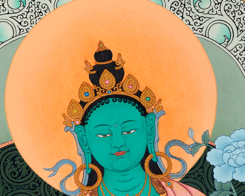 Green Tara  Thangka | Female Buddha Painting | With 24K Gold and Stone Colors