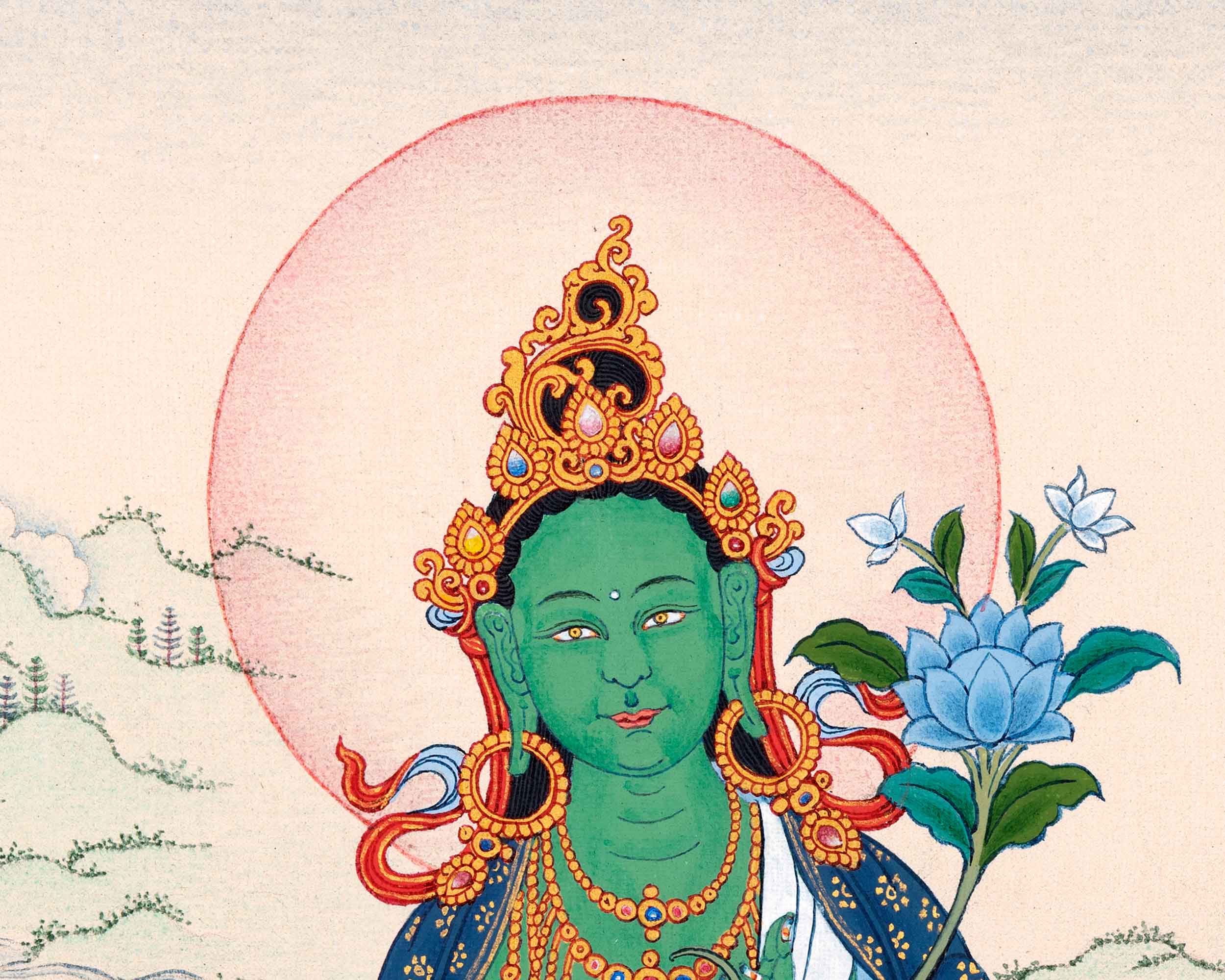 Green Tara Female Buddha Thangka | Traditionally Hand Painted Tibetan Art