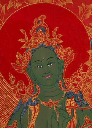 24K Gold Green Tara Thangka | Traditional Tibetan Painting | Wall Decors