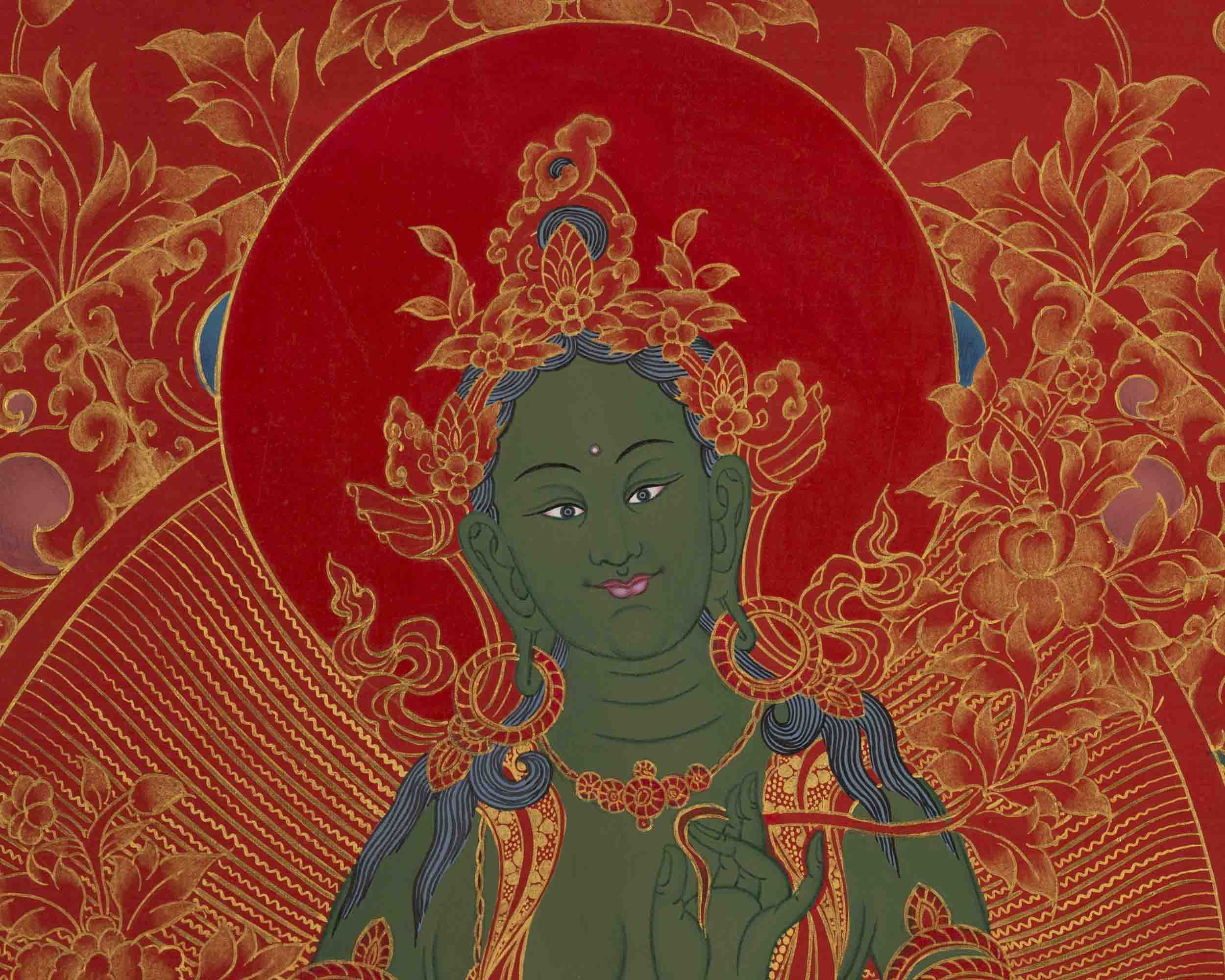 24K Gold Green Tara Thangka | Traditional Tibetan Painting | Wall Decors