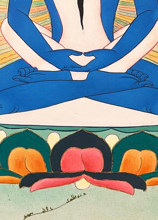 Samantabhadra with Consort, Yab yum Thangka Painting in Brocade Silk Frame