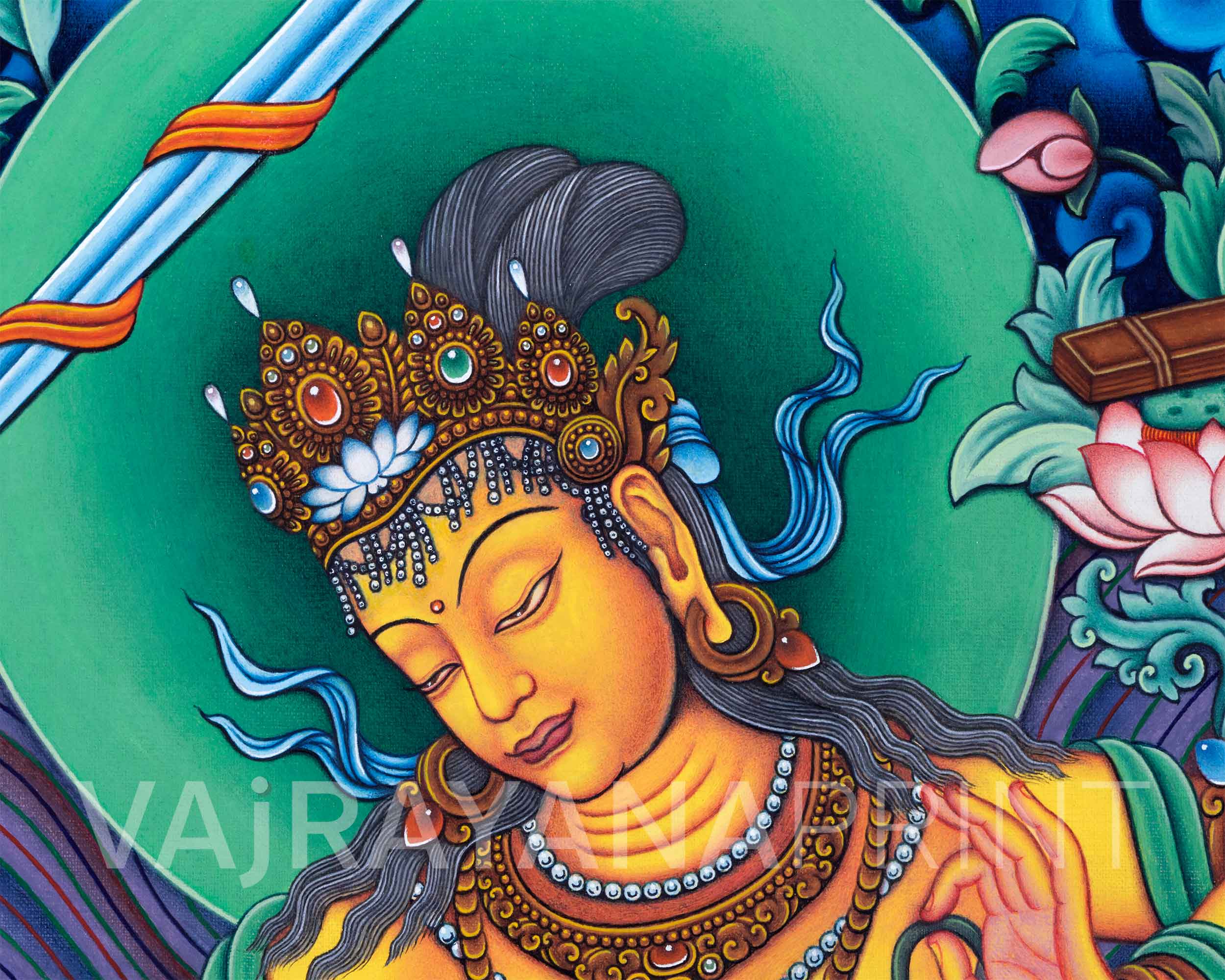 Manjushri Bodhicitta Prayer Thangka Print | The Bodhisattva Of Compassion Art For Daily Prayers