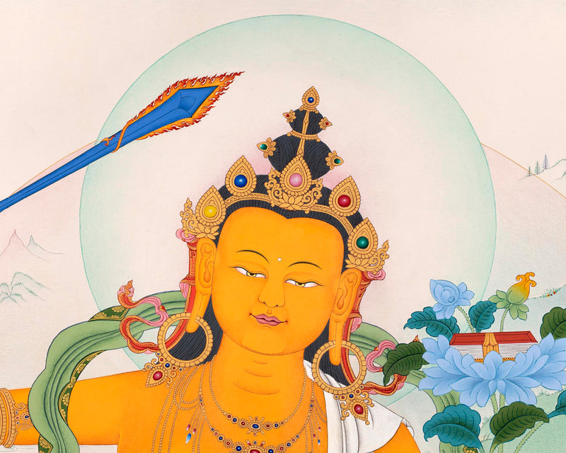 Manjushri Bodhisattva of Wisdom Thangka Print | Buddhist Painting For Living Room Decor