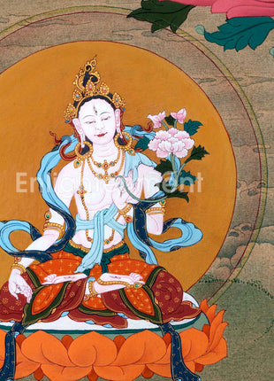 Amitayus With White Tara & Namgyalma | Hand-Painted Thangka For Amitayus Buddha Mantra Practice