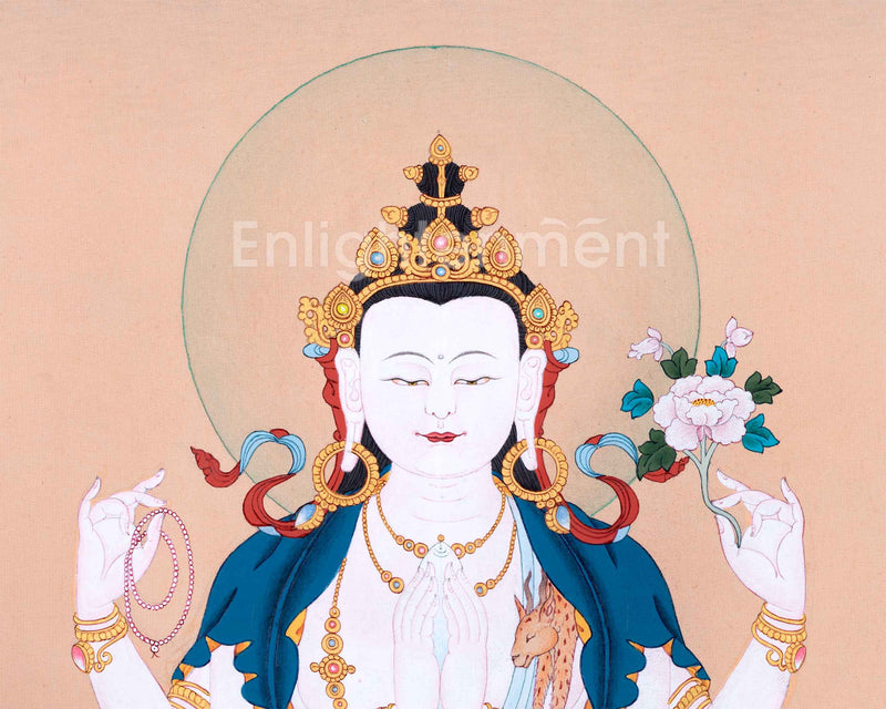 The Compassion Bodhisattva Chenrezig Thangka Art | Four Armed Chenrezig Hand Painted Art For Wall Decoration