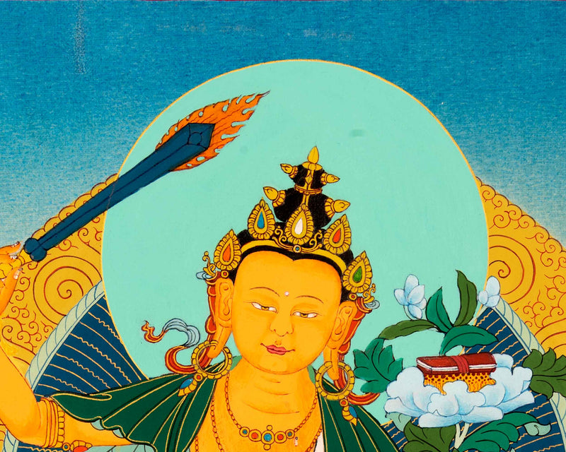 Small Manjushri Thangka Art | Traditional Tibetan Bodhisattva
