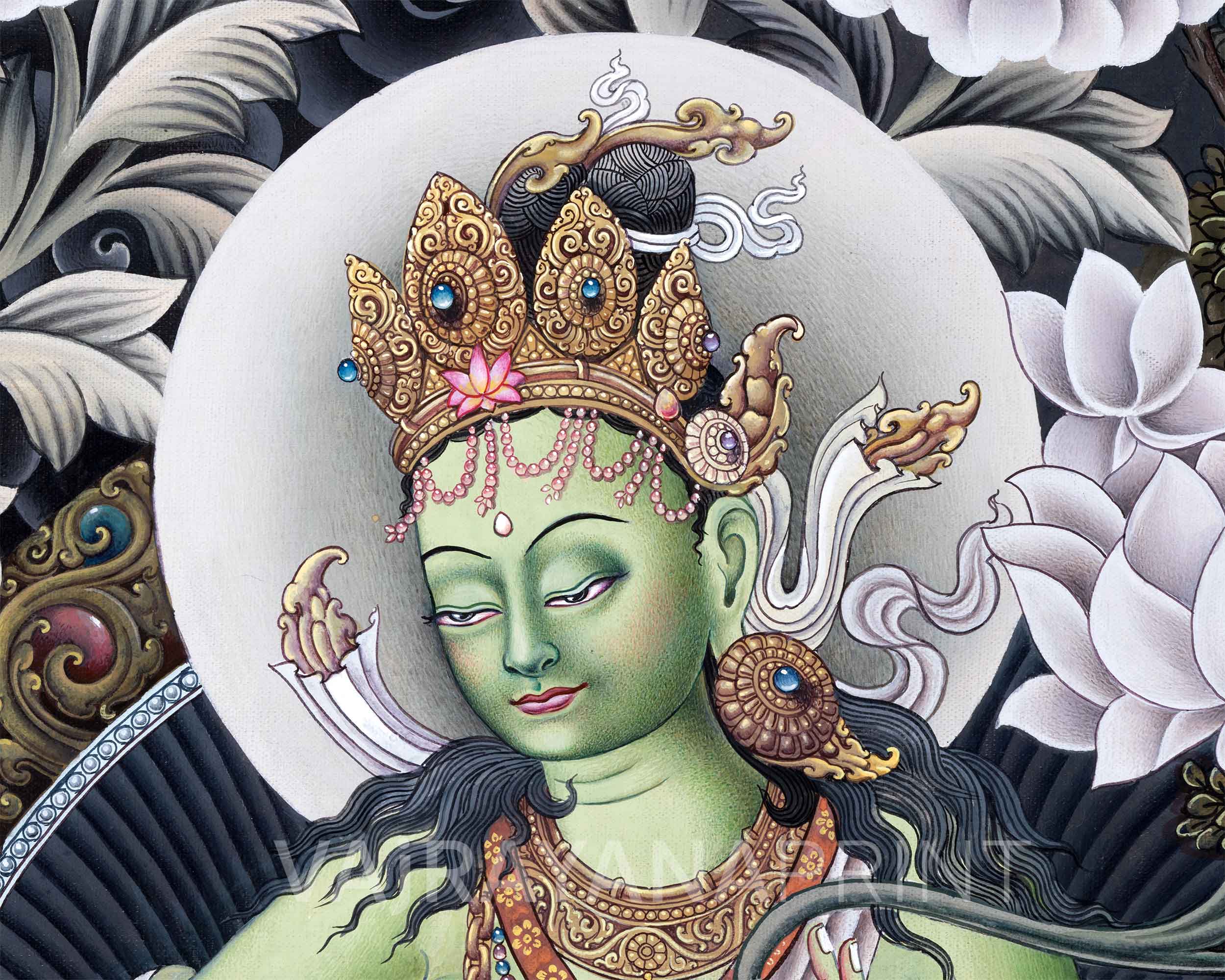 Traditional Thangka For Green Tara Buddha Mantra Practice | Newari Pauba Giclee Print