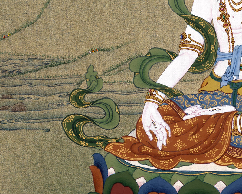 White Tara, Tibetan Thangka Painting, in Natural Stone colors