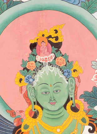 Vintage Green Tara Thangka | Hand Painted Thangka With Brocade