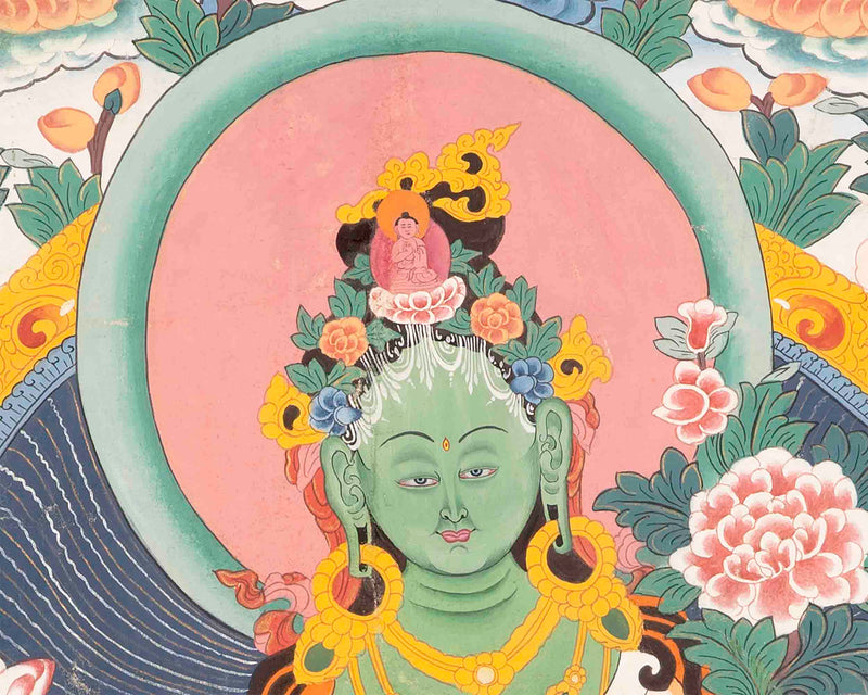 Vintage Green Tara Thangka | Hand Painted Thangka With Brocade