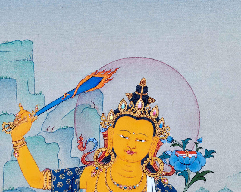 Tibetan Manjushri Thangka | Buddhism Art | 24K Gold