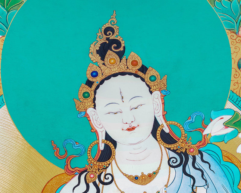 White Tara With Umbrella | Mother Deity Thangka Painting | Buddhist