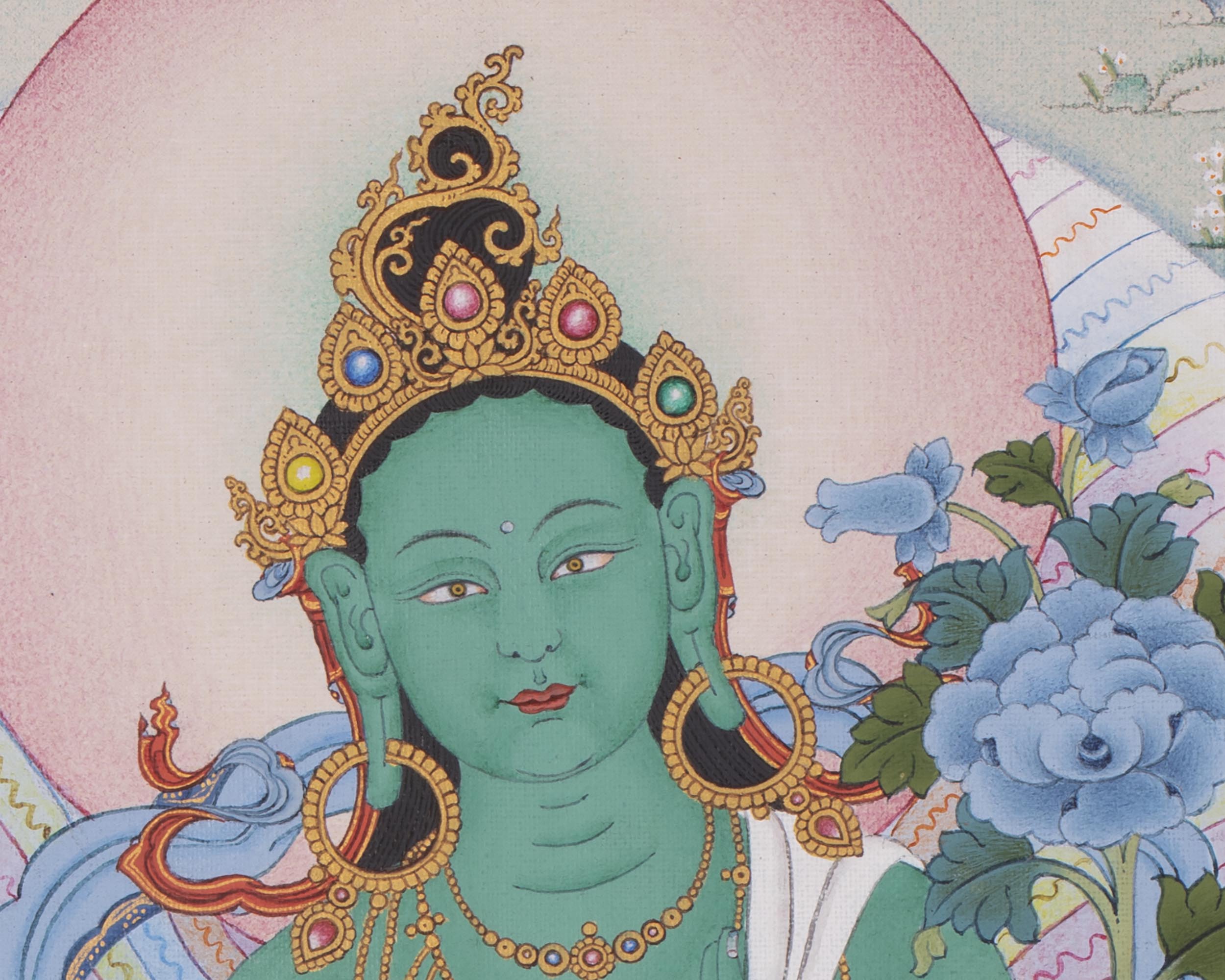 Green Tara with Buddhas and Bodhisattvas | Traditional Tibetan Thangka Print