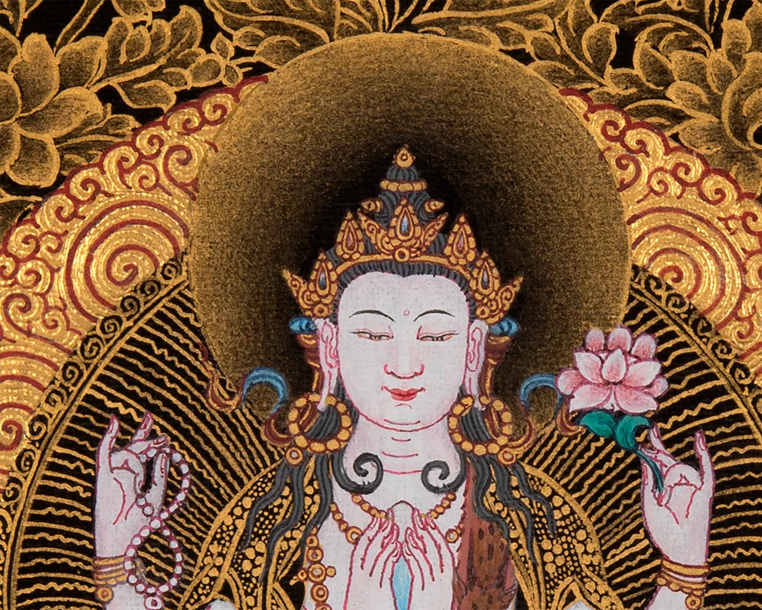 Four Armed Chenrezig Art | Tibetan Bodhisattva Mini Thangka