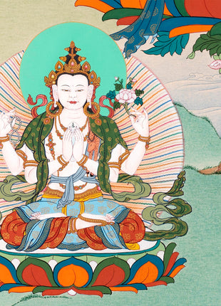 Manjushri With Bodhisattvas | Chenrezig | Vajrapani | Buddhist Deity Thangka