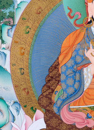 Guru Rinpoche, Padmasambhava Thangka, Tibetan Buddhist Painting in Natural Stone Color & 24K Gold (includes a silk brocade)