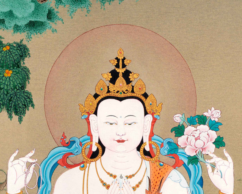 Small Avalokiteshvara Thangka | Traditionally Hand Painted 24K Gold Buddhist Painting