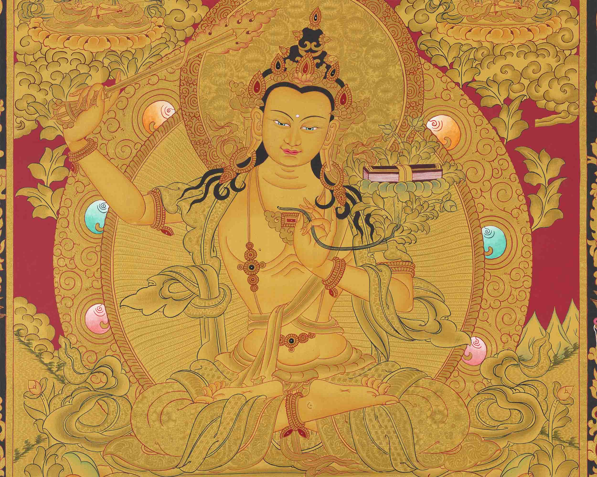 Full 24K Gold Manjushree Thangka | Bodhisattva Of Wisdom
