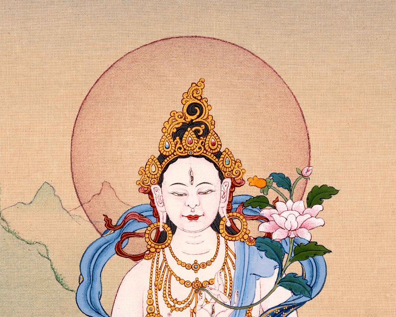 24K Gold White Tara Goddess Thangka | Traditional Tibetan Art