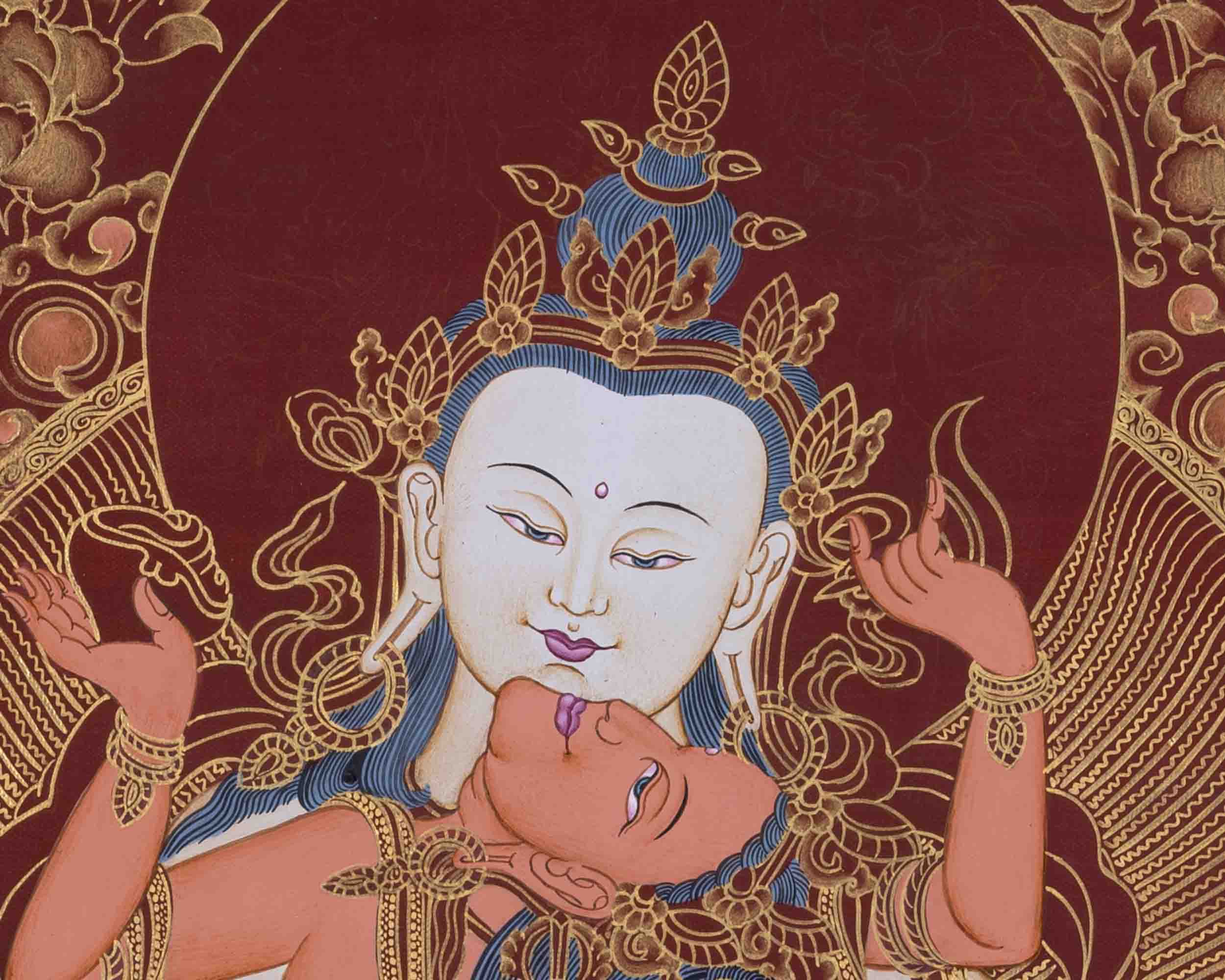 Red And Gold Vajrasattva Yab Yum Thangka | Wall Decor Painting