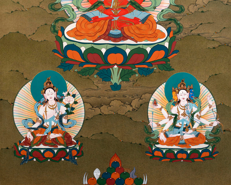 Amitayus With White Tara And Namgyalma Thangka | Tibetan Buddhist Art